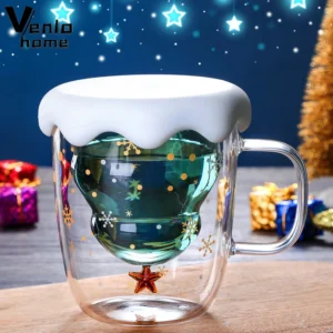 Christmas Tree Glass Cup Heat-Resistant Double Wall Glass Cup Coffee Mug with Cute Lid